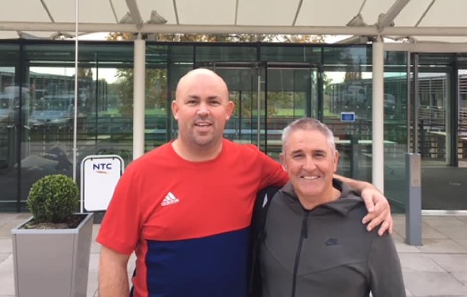 webfaganpart5.jpg Simon Wheatley, the Coach Development Manager for the Lawn Tennis Association, with Chris Fagan. - Brisbane Lions